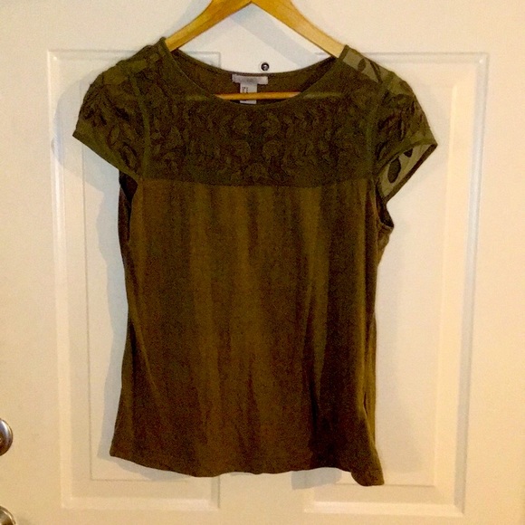 H&M Olive Green Mesh Embroidered Leaves Cap Sleeve Top Army Green Blouse Lace - Picture 2 of 7